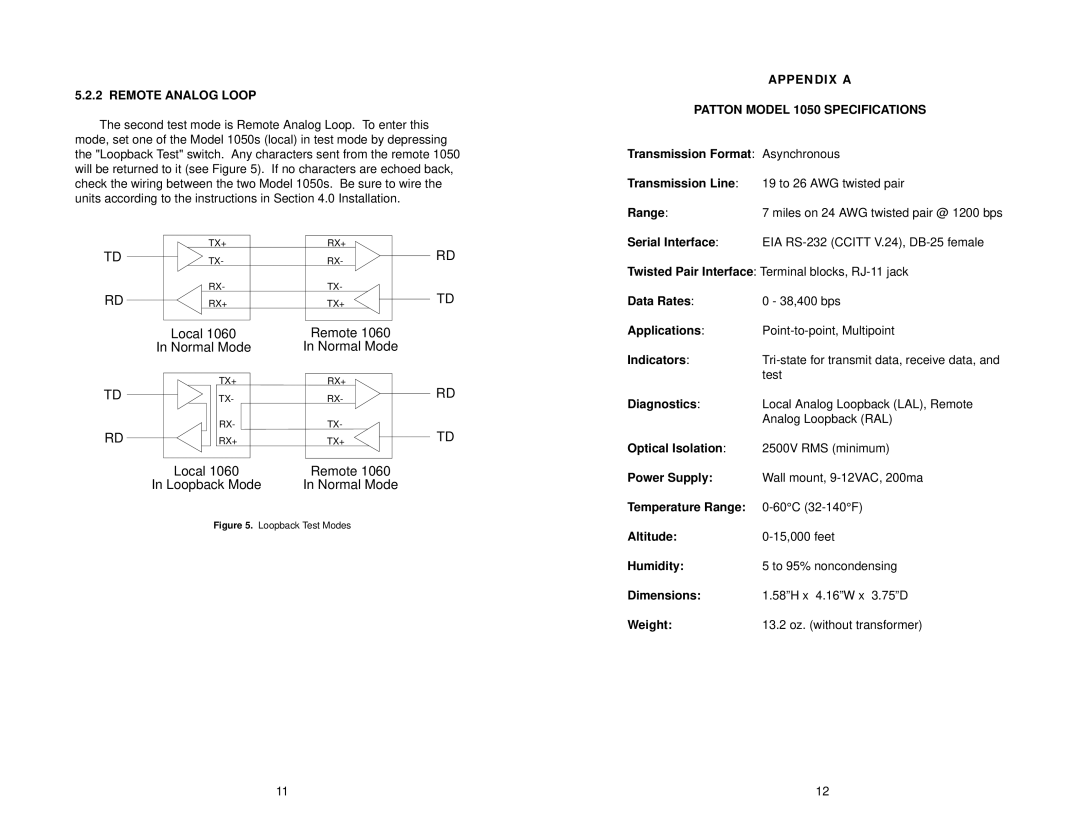 Patton electronic 1050patton user manual Remote Analog Loop, Appendix a Patton Model 1050 Specifications 