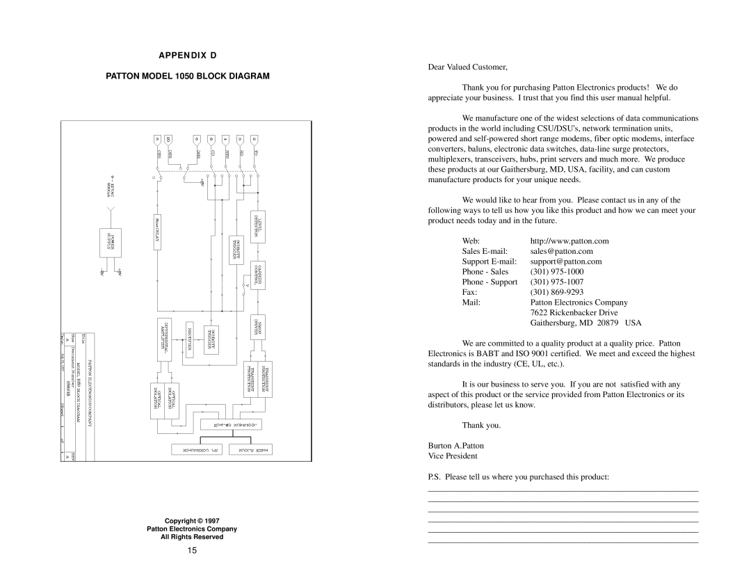 Patton electronic 1050patton user manual Appendix D Patton Model 1050 Block Diagram 