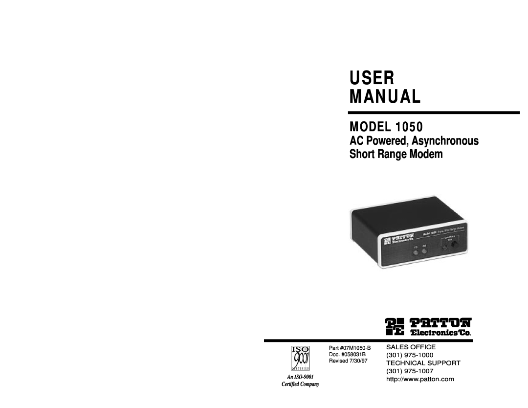 Patton electronic 1050patton user manual User Manual, Model, AC Powered, Asynchronous Short Range Modem, An ISO-9001 