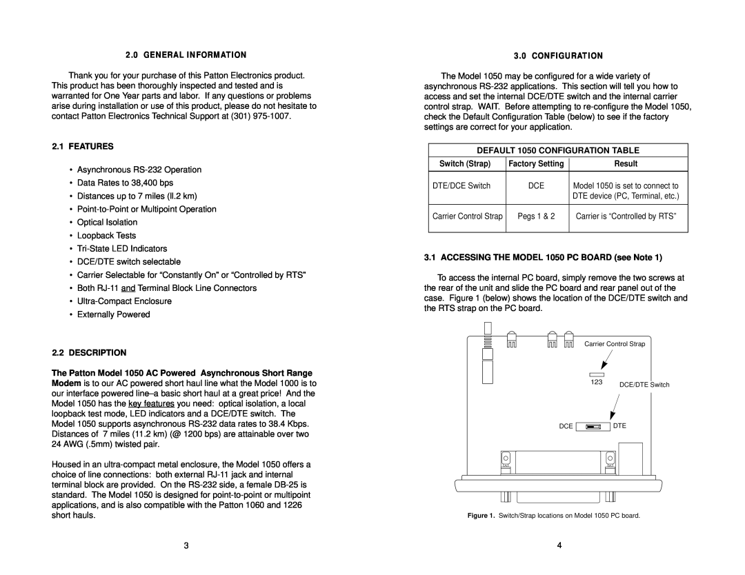 Patton electronic 1050patton user manual Features, Description, DEFAULT 1050 CONFIGURATION TABLE 