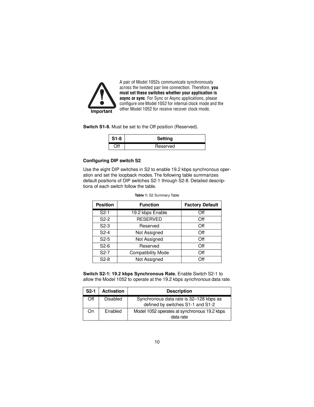 Patton electronic user manual Other Model 1052 for receive recover clock mode, S1-8, Conﬁguring DIP switch S2 