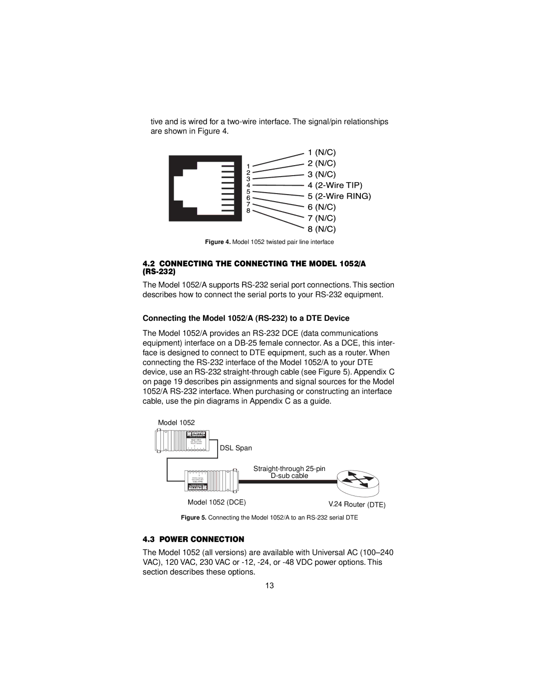 Patton electronic Connecting the Connecting the Model 1052/A RS-232, Connecting the Model 1052/A RS-232 to a DTE Device 