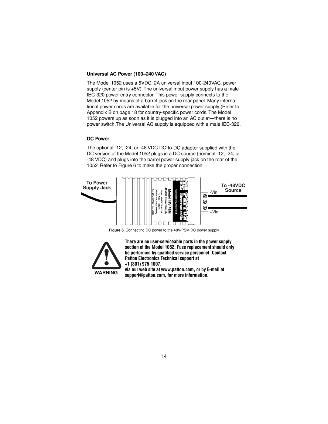 Patton electronic 1052 Universal AC Power 100-240 VAC, DC Power, To Power Supply JackTo -48VDC VinSource, +1 301 