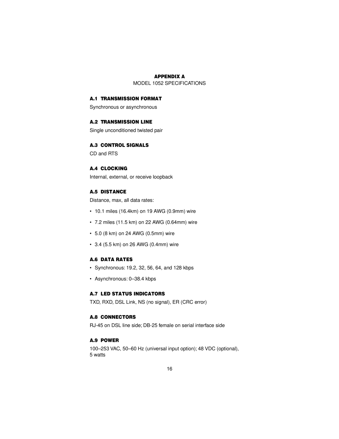 Patton electronic 1052 Appendix a, Transmission Format, Transmission Line, Control Signals, Clocking, Distance, Data Rates 