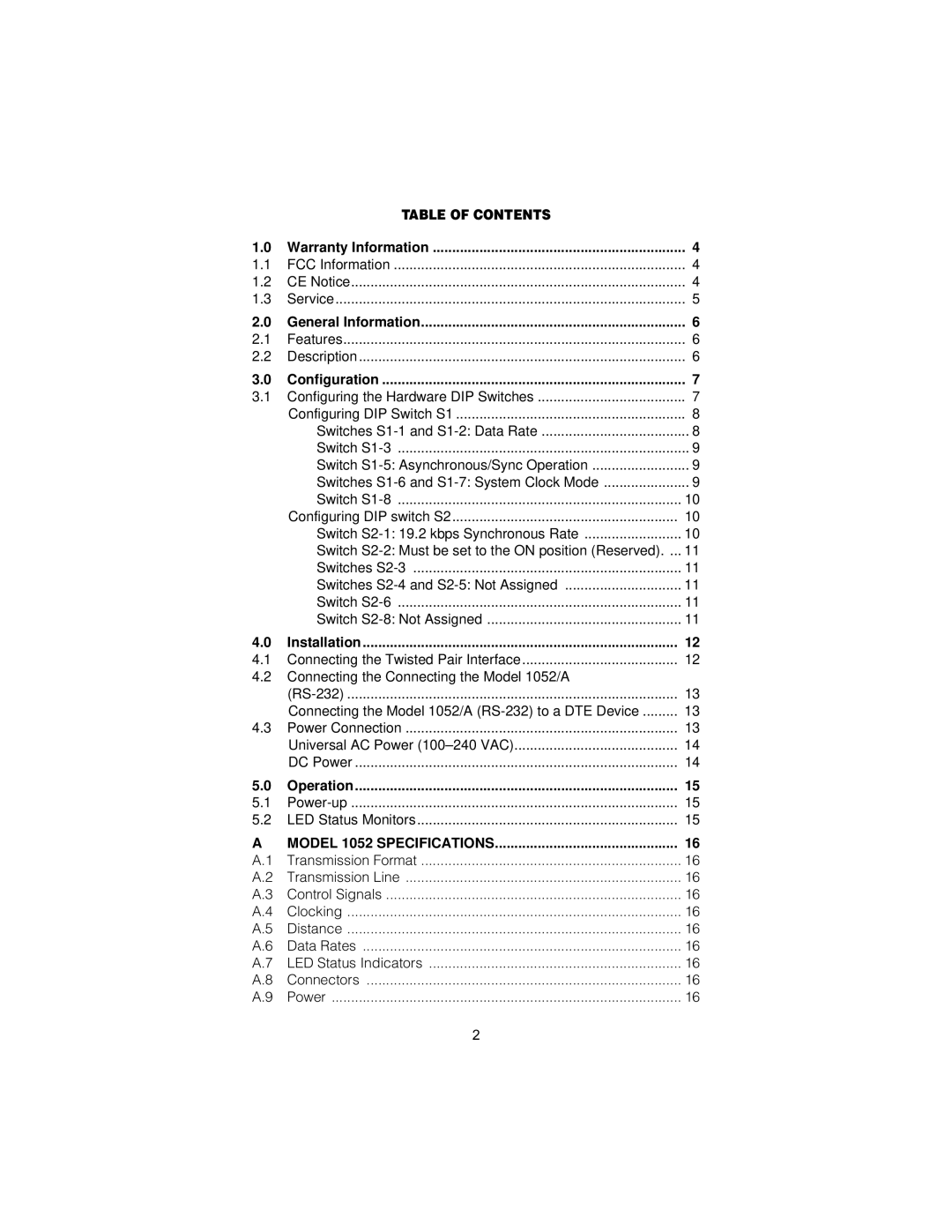 Patton electronic user manual Table of Contents, Model 1052 Specifications 