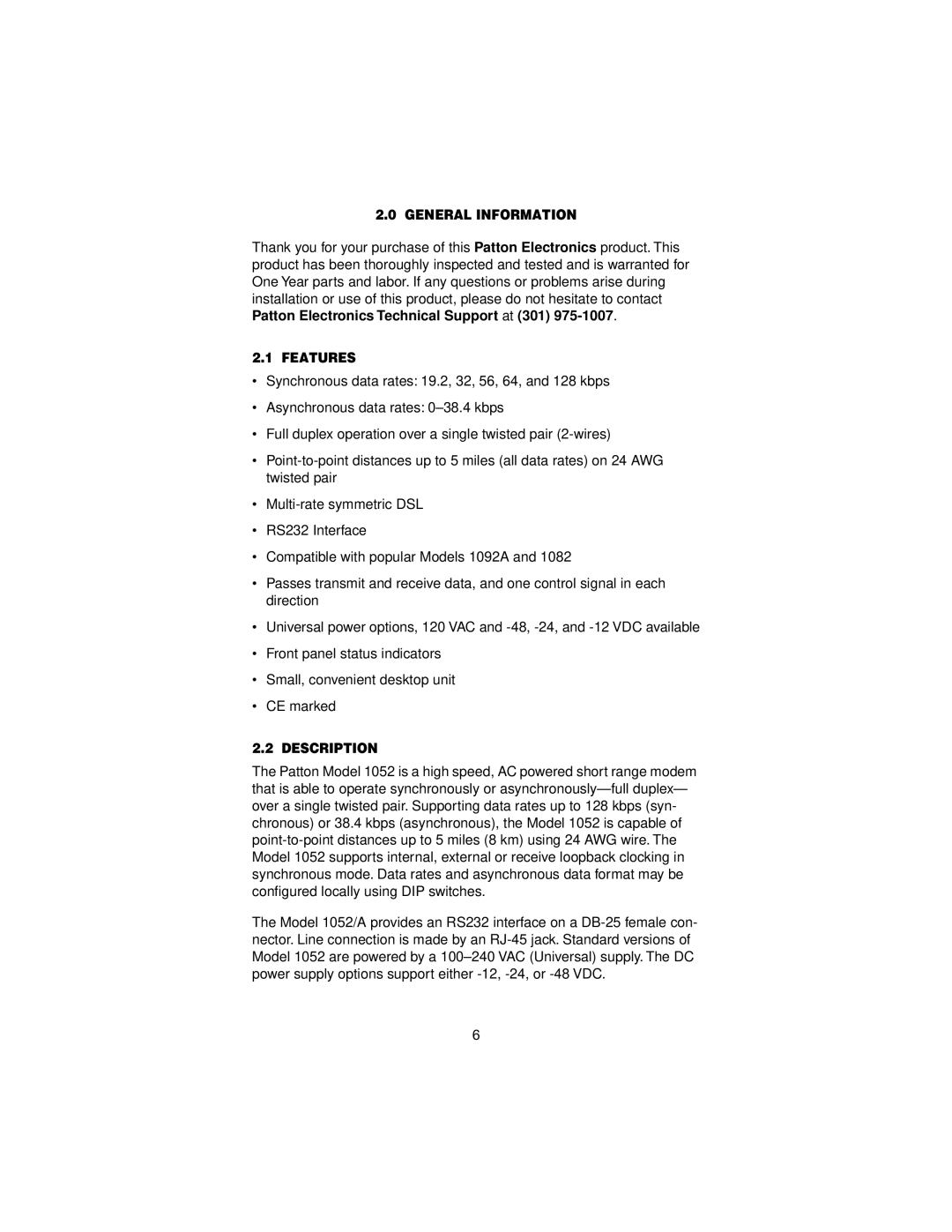 Patton electronic 1052 user manual General Information, Features, Description 