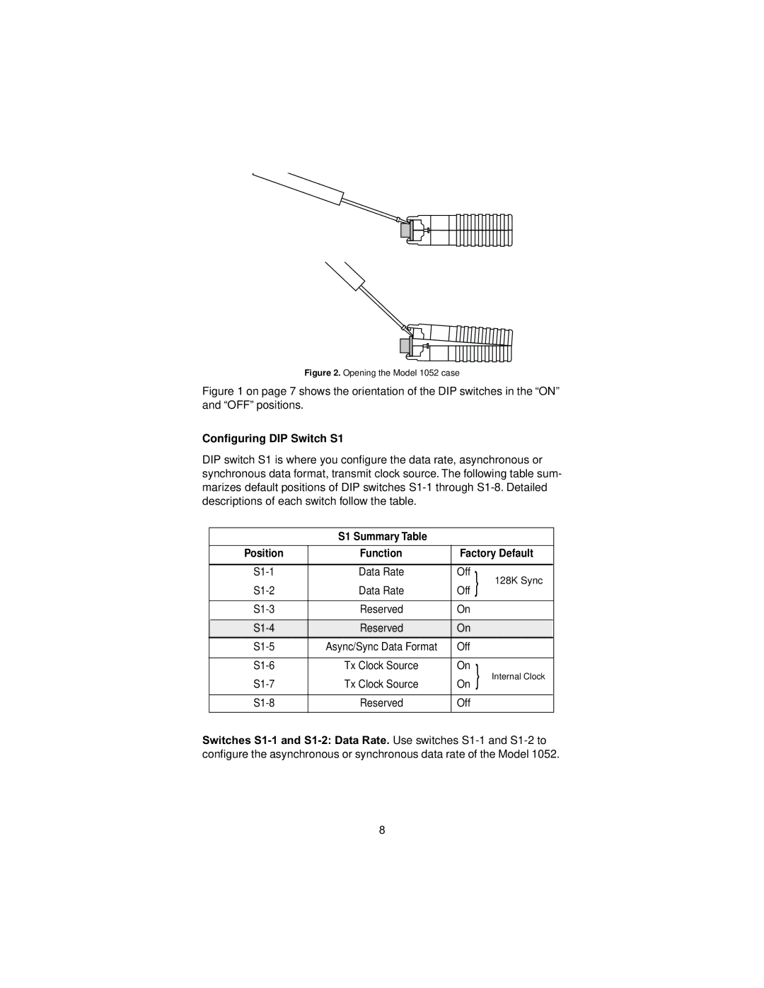 Patton electronic 1052 user manual Conﬁguring DIP Switch S1, S1 Summary Table Position Function Factory Default 