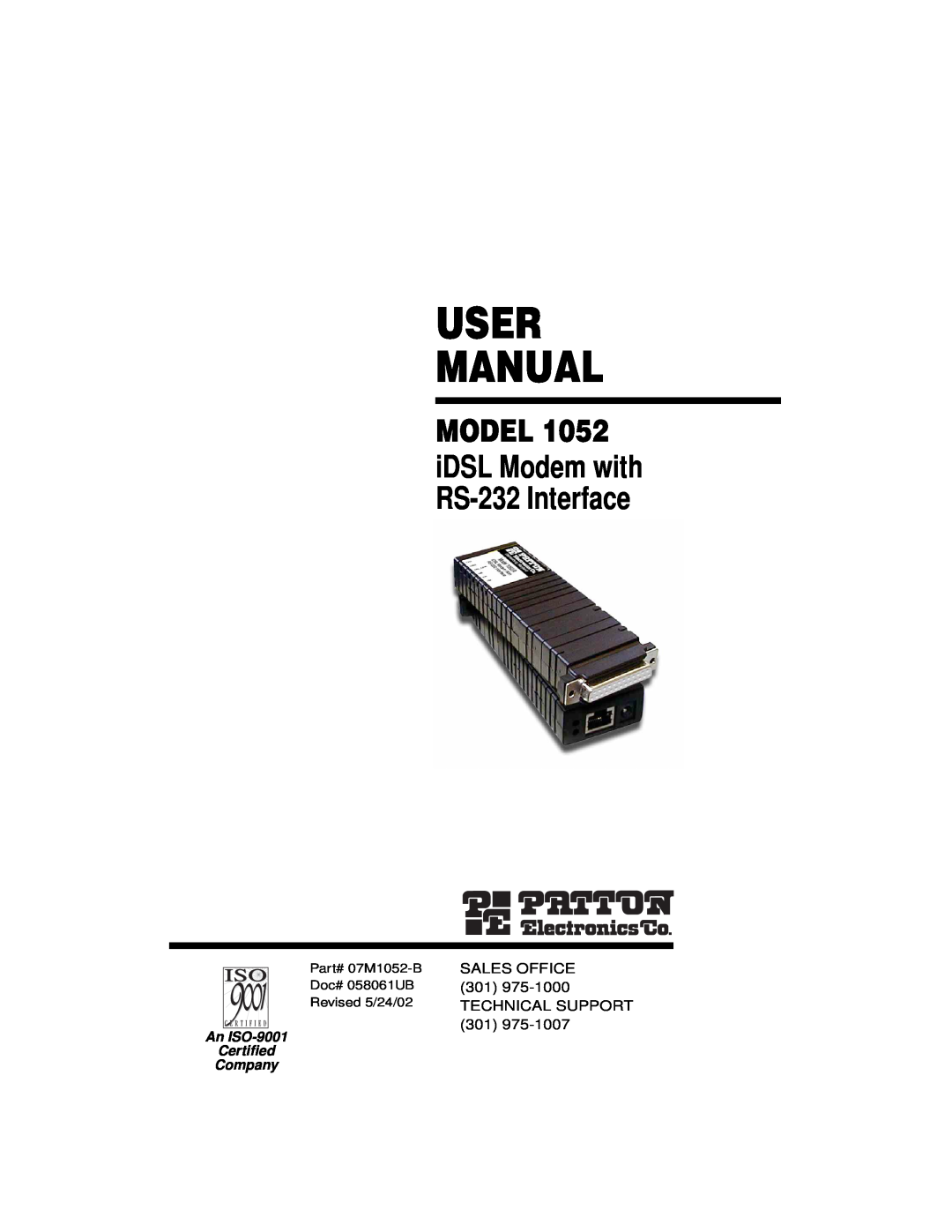 Patton electronic 1052 user manual User Manual, Model, iDSL Modem with RS-232 Interface, An ISO-9001 Certiﬁed Company 