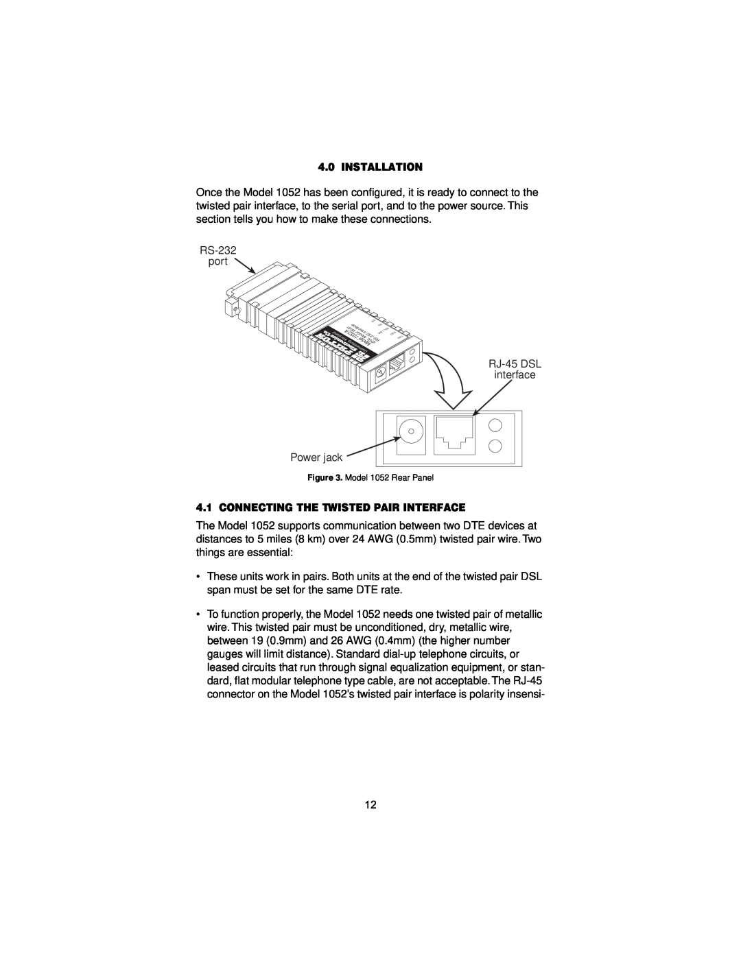 Patton electronic 1052 user manual Installation, Connecting The Twisted Pair Interface 