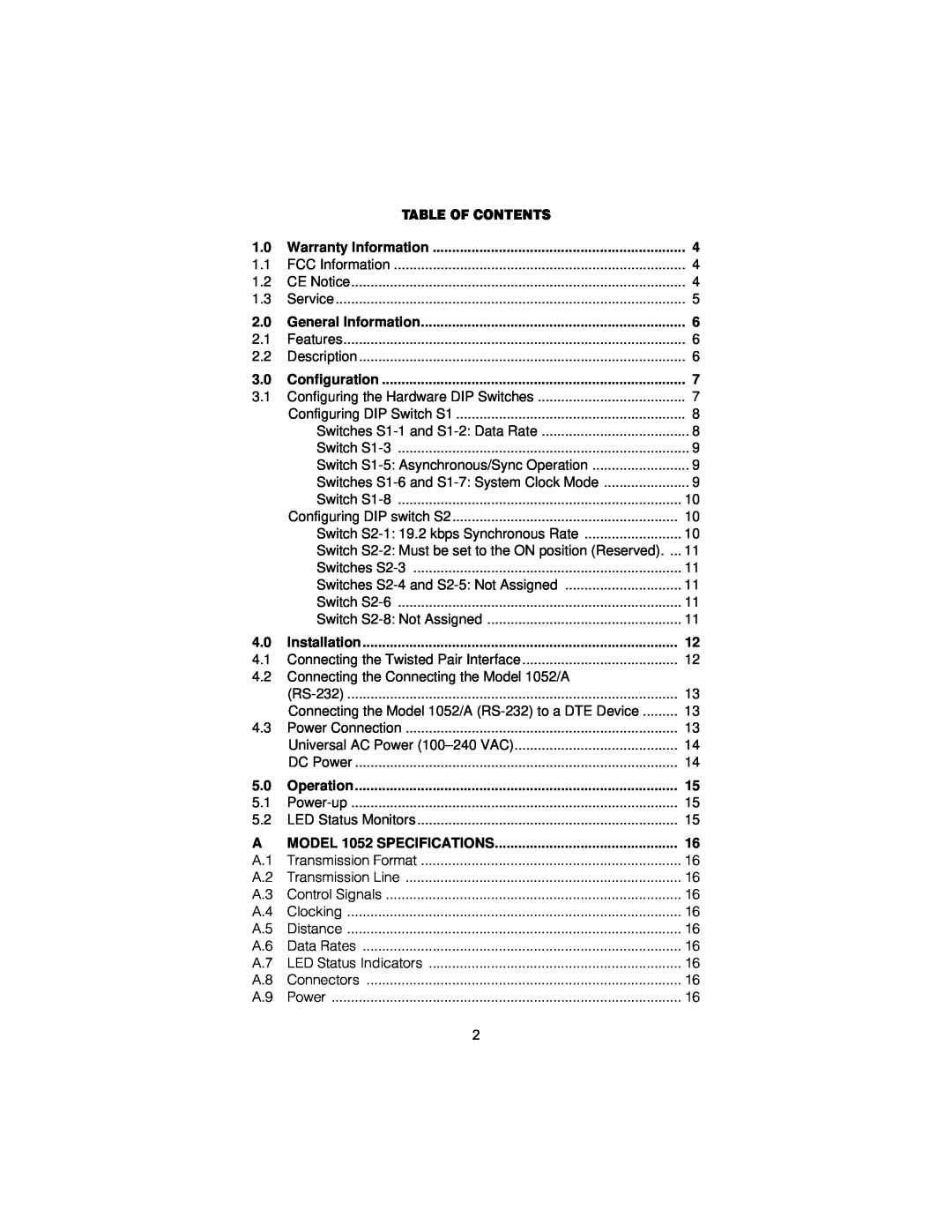 Patton electronic 1052 user manual Table Of Contents 