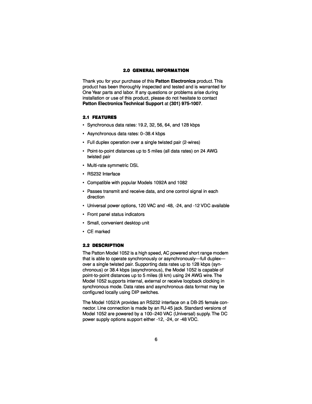 Patton electronic 1052 user manual General Information, Features, Description 