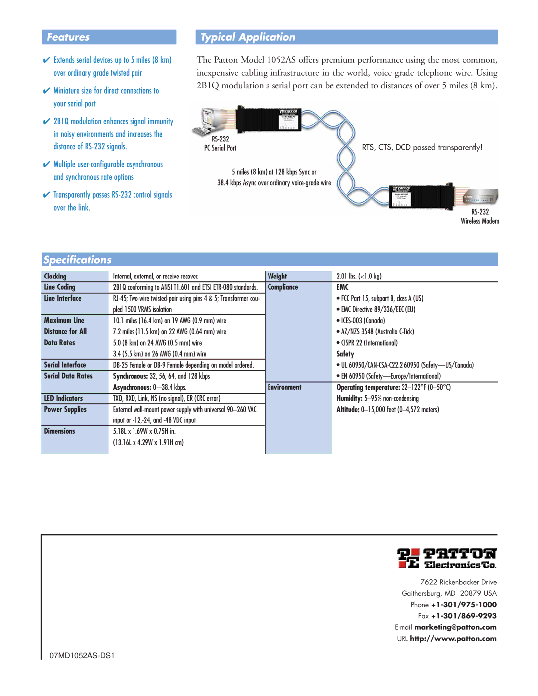 Patton electronic 1052AS manual Features Typical Application, Specifications 