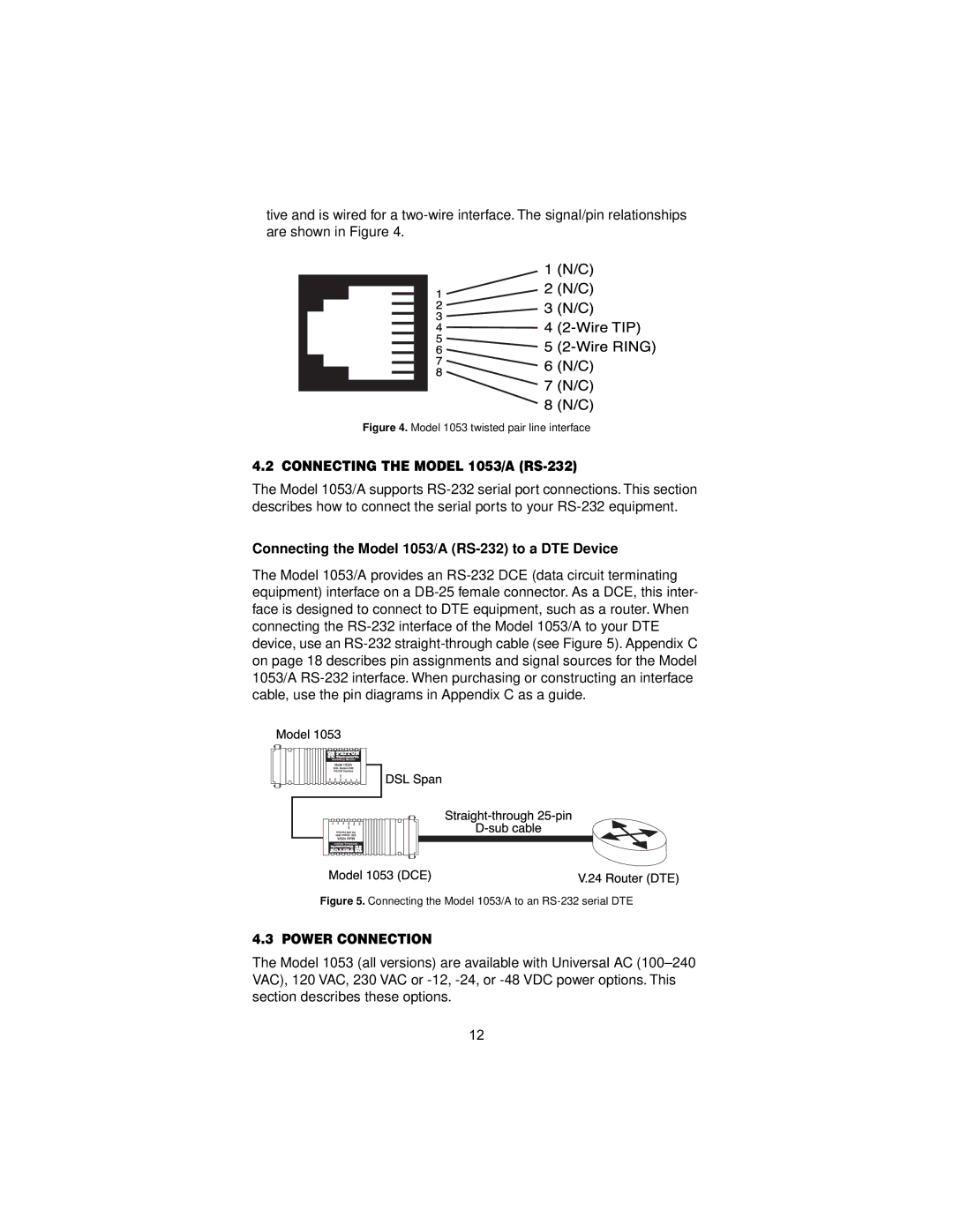 Patton electronic user manual Connecting the Model 1053/A RS-232 to a DTE Device, Power Connection 