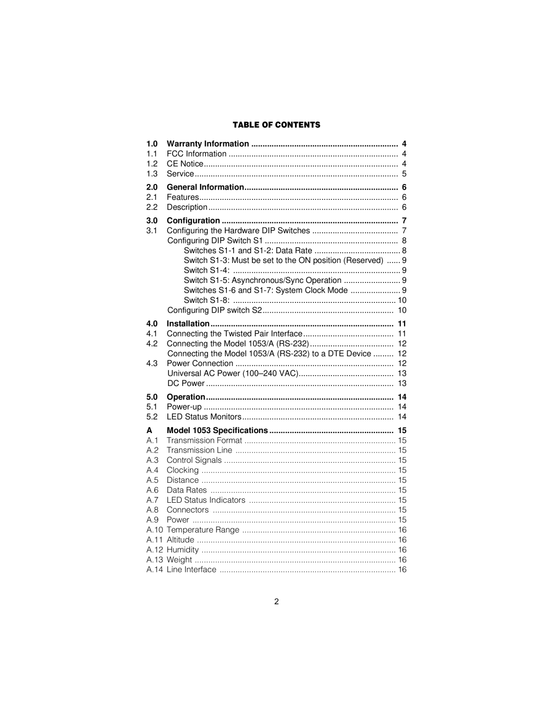 Patton electronic 1053 user manual Table of Contents 