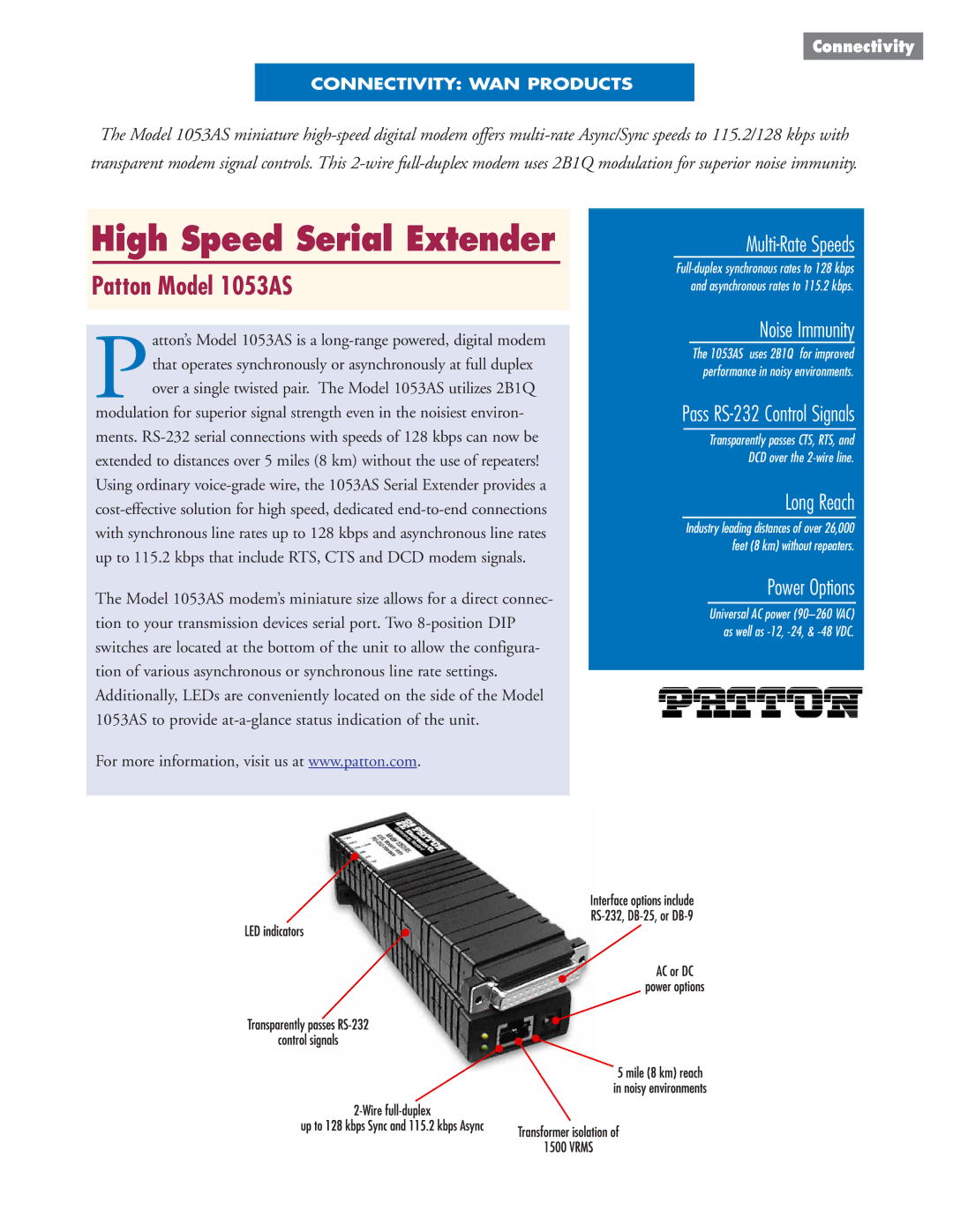 Patton electronic 1053AS manual Multi-Rate Speeds, Noise Immunity, Long Reach, Power Options 