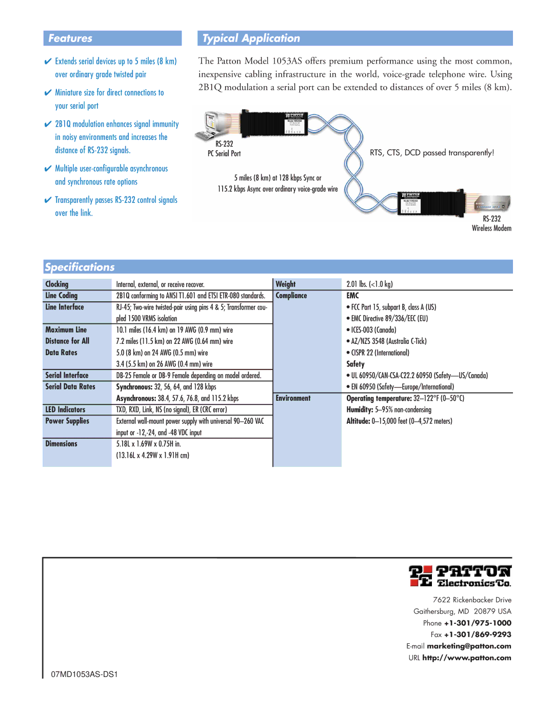 Patton electronic 1053AS manual Features Typical Application, Specifications 