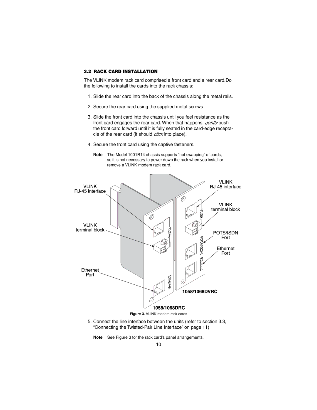 Patton electronic 1058 user manual Rack Card Installation, Vlink modem rack cards 