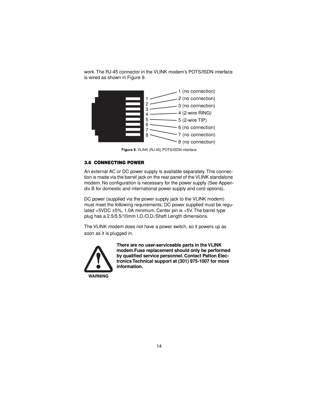 Patton electronic 1058 user manual Connecting Power, Vlink RJ-45 POTS/ISDN interface 