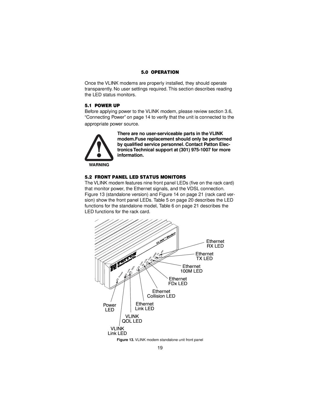 Patton electronic 1058 user manual Operation, Power UP, Front Panel LED Status Monitors 