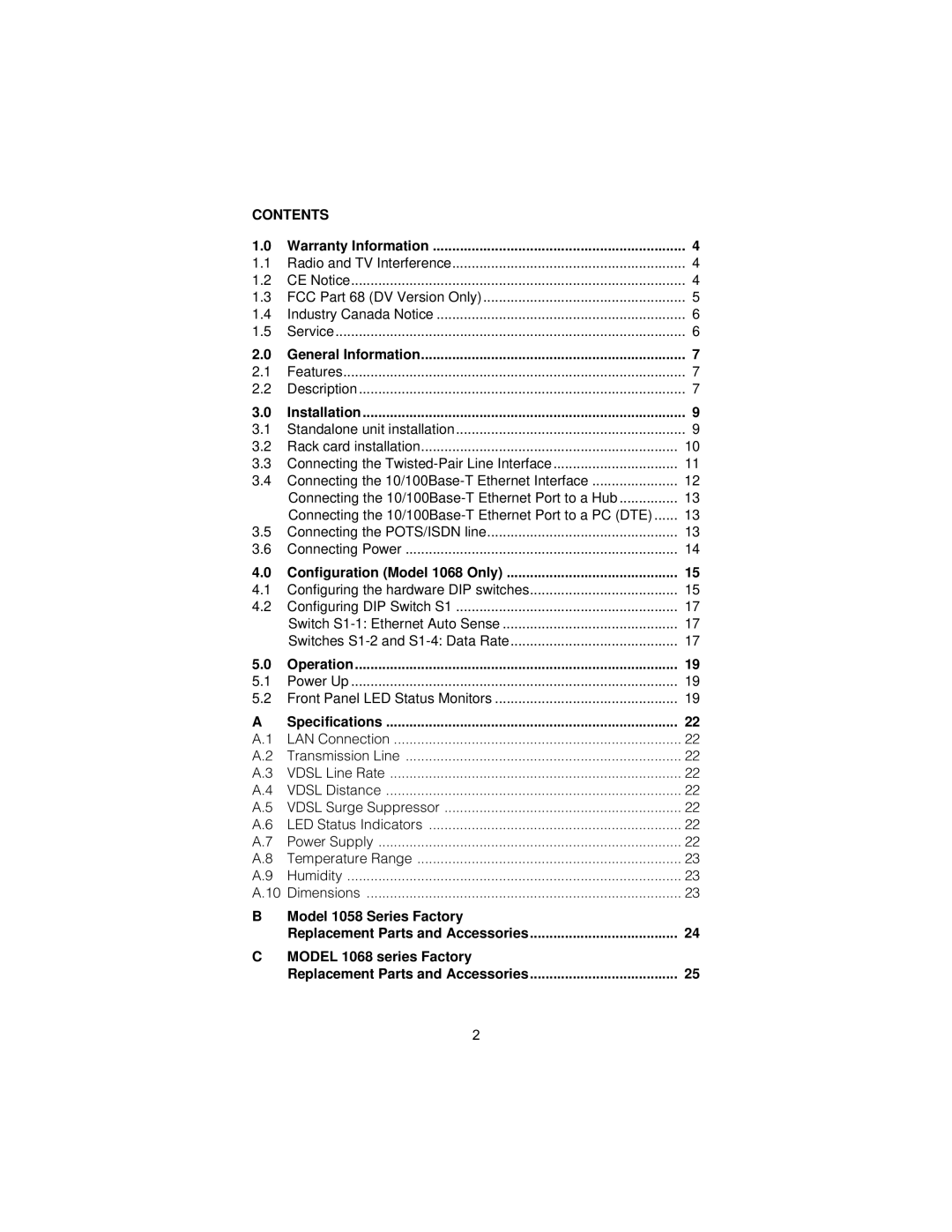 Patton electronic 1058 user manual Contents 