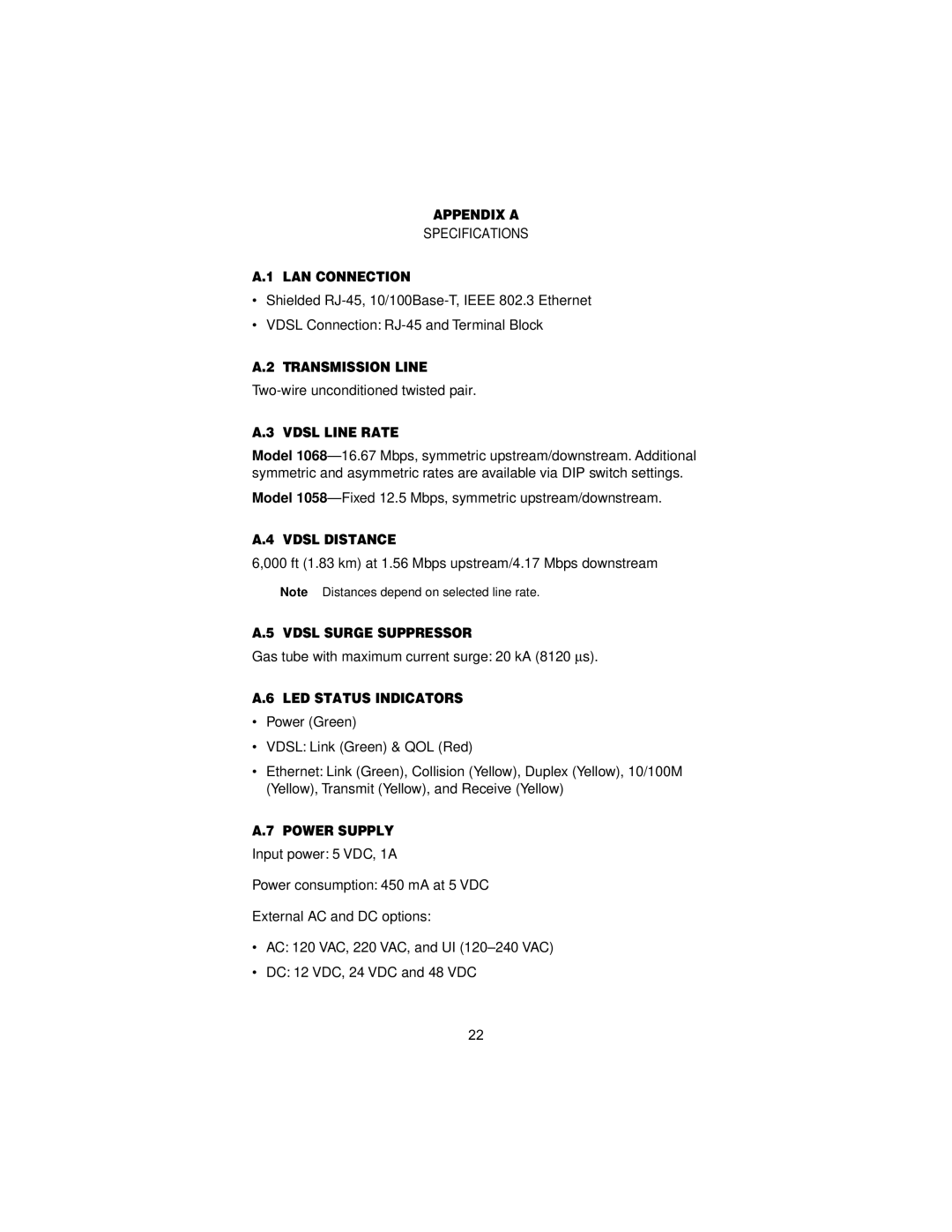 Patton electronic 1058 Appendix a, LAN Connection, Transmission Line, Vdsl Line Rate, Vdsl Distance, Vdsl Surge Suppressor 