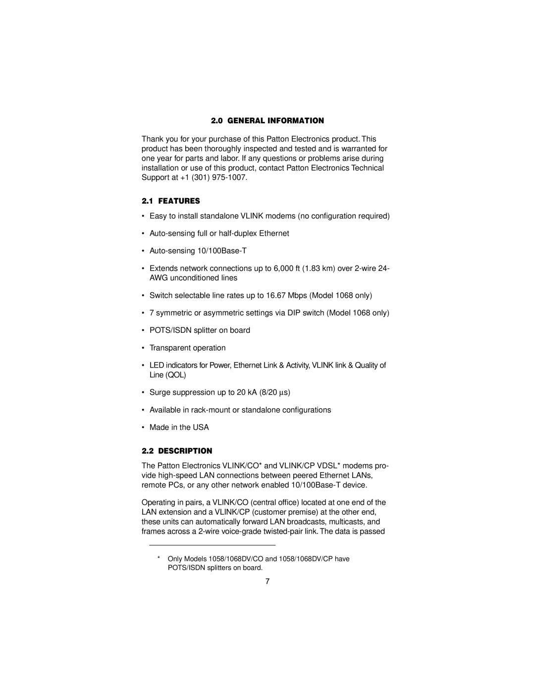 Patton electronic 1058 user manual General Information, Features, Description 