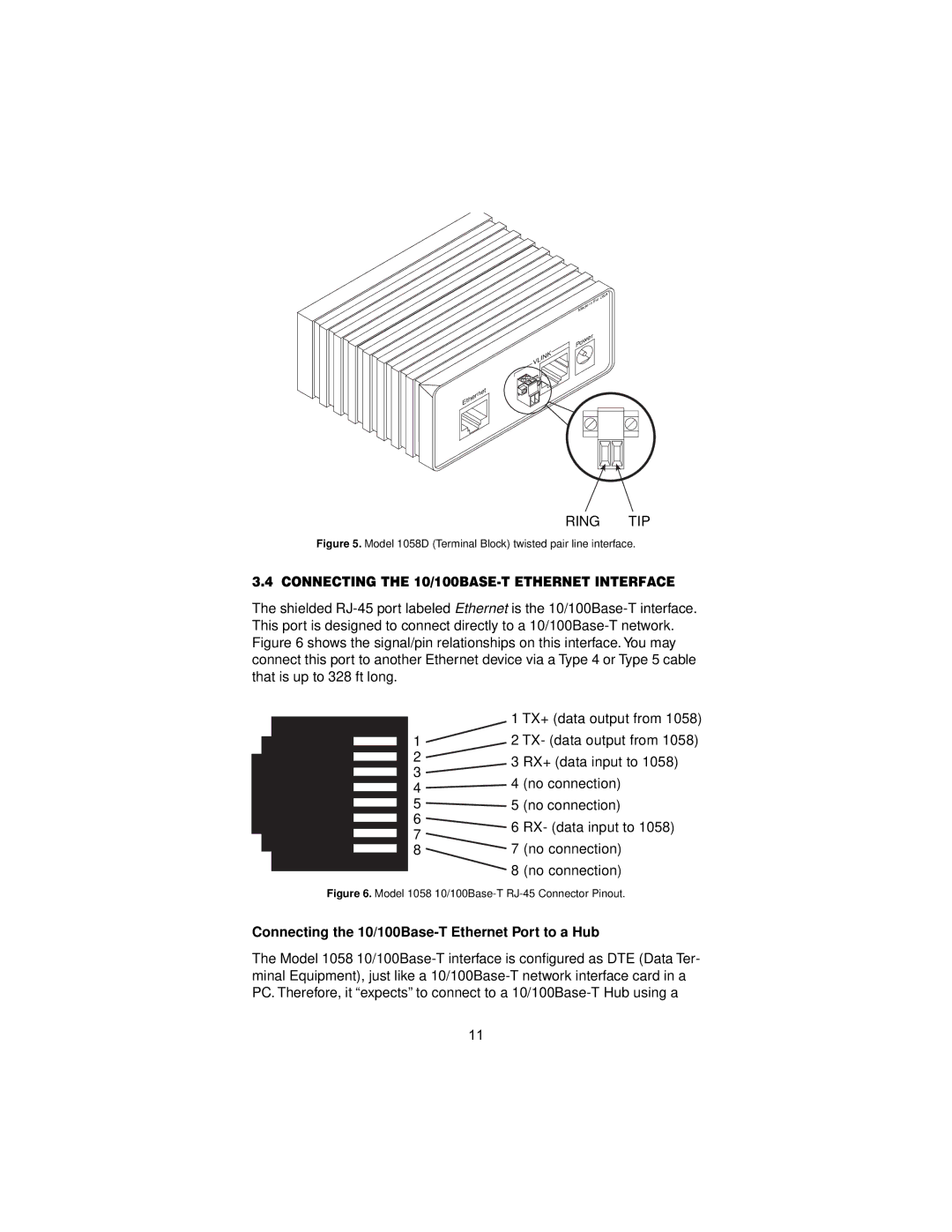 Patton electronic 1058 Connecting the 10/100BASE-T Ethernet Interface, Connecting the 10/100Base-T Ethernet Port to a Hub 