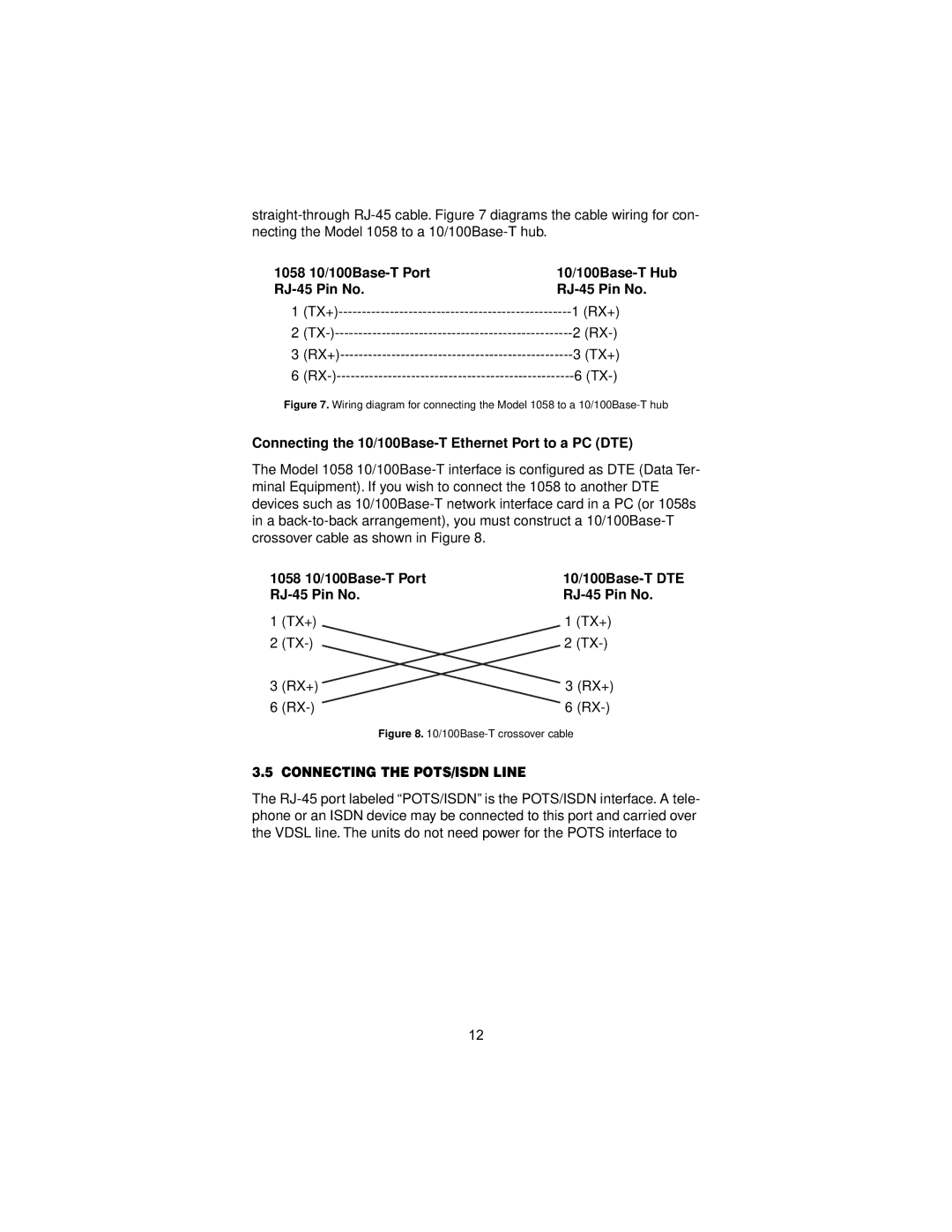 Patton electronic user manual 1058 10/100Base-T Port 10/100Base-T Hub RJ-45 Pin No, Connecting the POTS/ISDN Line 