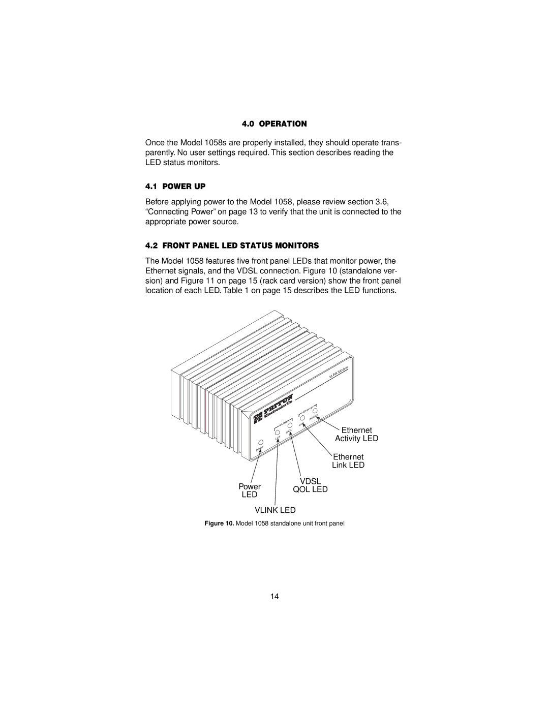 Patton electronic 1058 user manual Operation, Power UP, Front Panel LED Status Monitors 