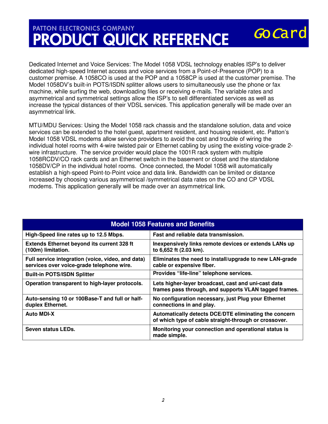 Patton electronic manual GoCard, Model 1058 Features and Benefits 