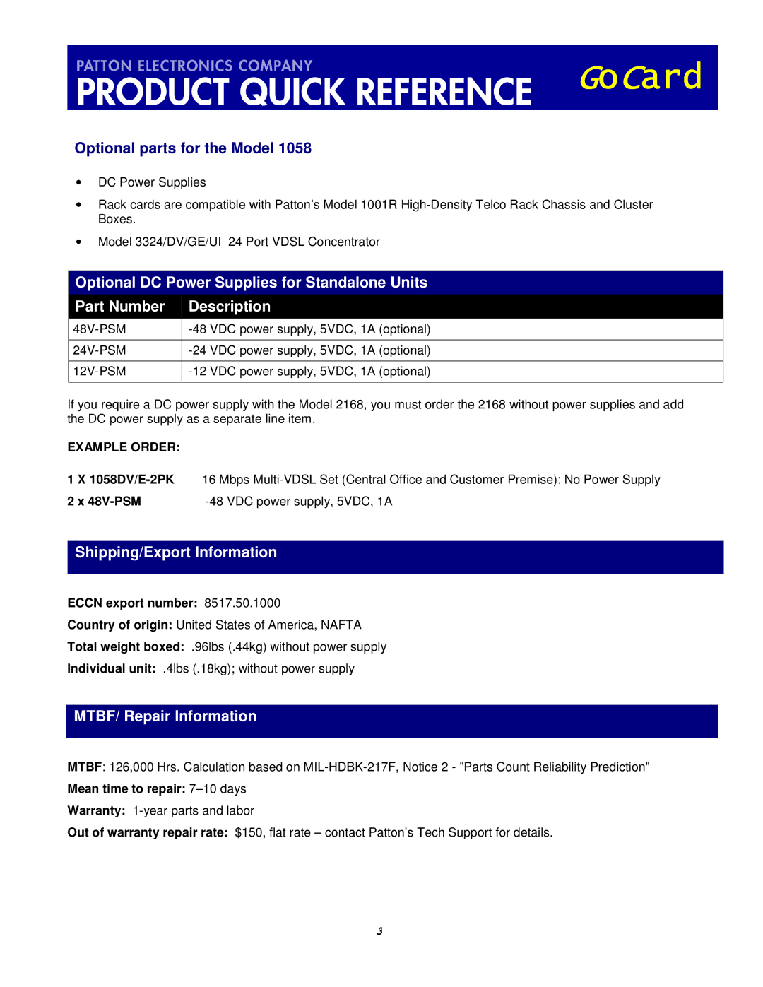 Patton electronic 1058 manual Optional parts for the Model, Shipping/Export Information, MTBF/ Repair Information 