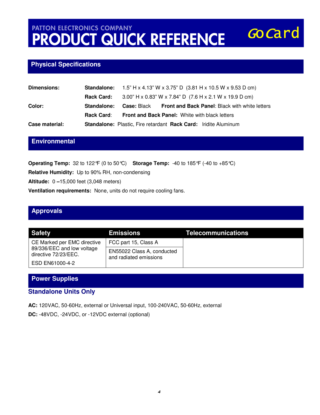 Patton electronic 1058 manual Physical Specifications, Environmental, Approvals Safety, EmissionsTelecommunications 