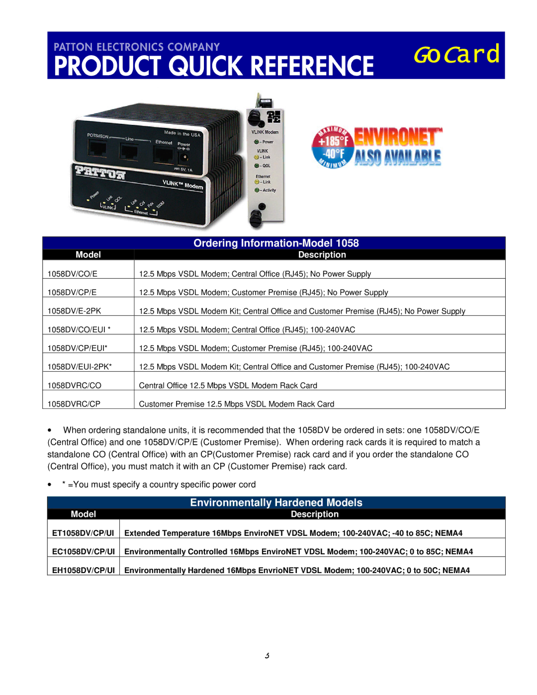 Patton electronic 1058 manual Ordering Information-Model, Environmentally Hardened Models 