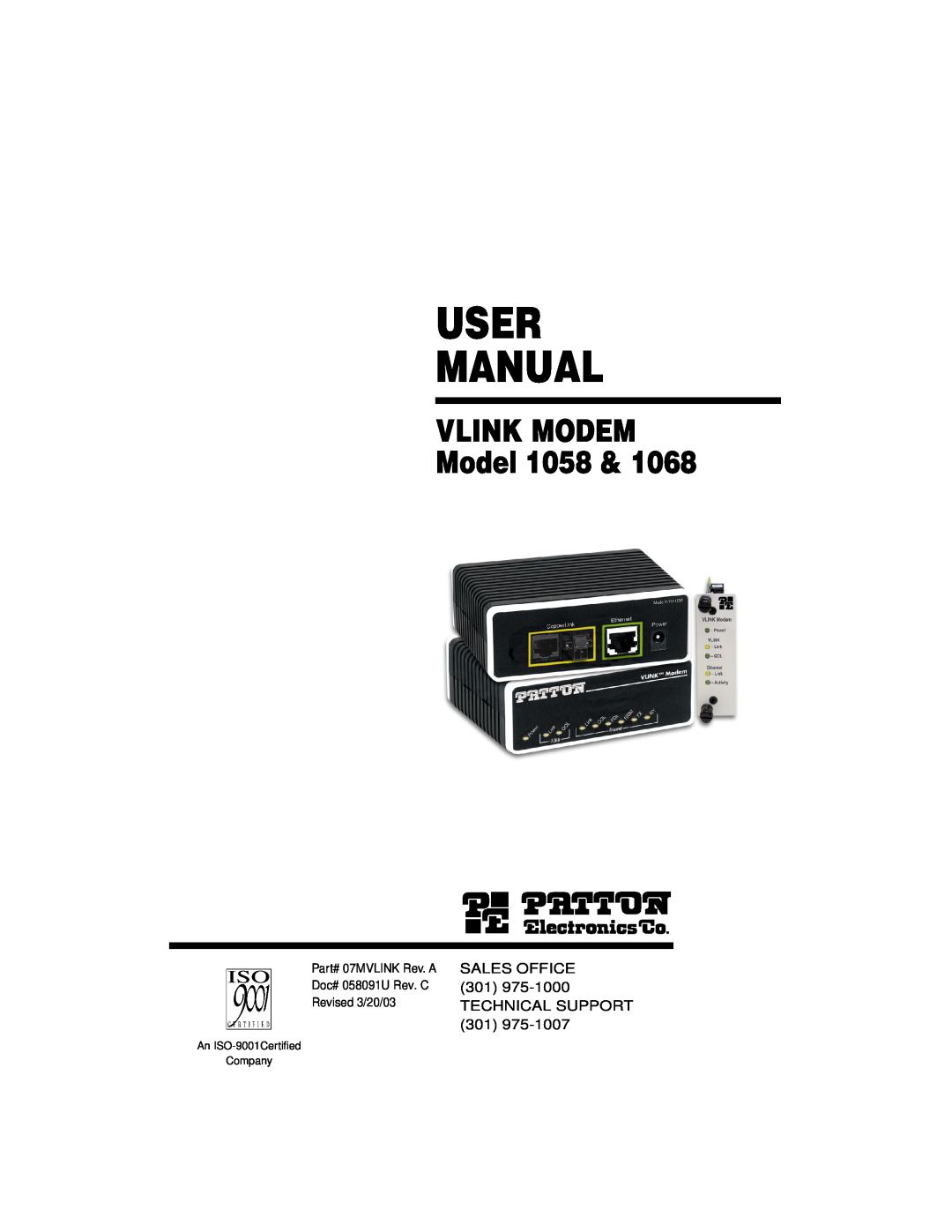 Patton electronic user manual User Manual, VLINK MODEM Model 1058, An ISO-9001Certiﬁed Company 