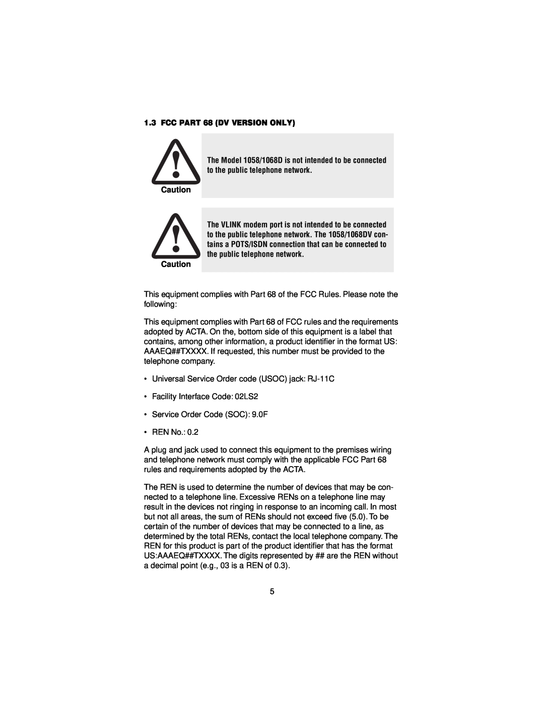 Patton electronic 1058 user manual FCC PART 68 DV VERSION ONLY 