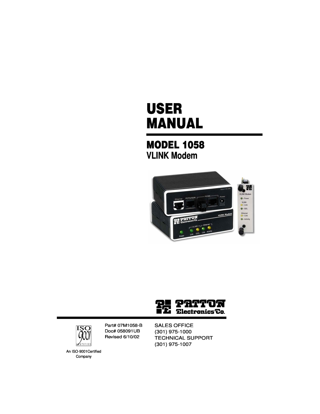 Patton electronic user manual Model, VLINK Modem, Part# 07M1058-B, Doc# 058091UB, Revised 6/10/02 