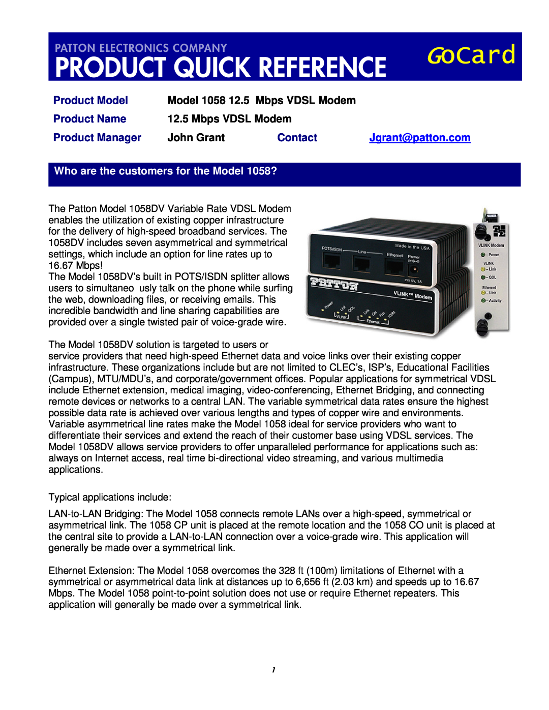 Patton electronic manual Product Model, Model 1058 12.5 Mbps VDSL Modem, Product Name, Product Manager, John Grant 
