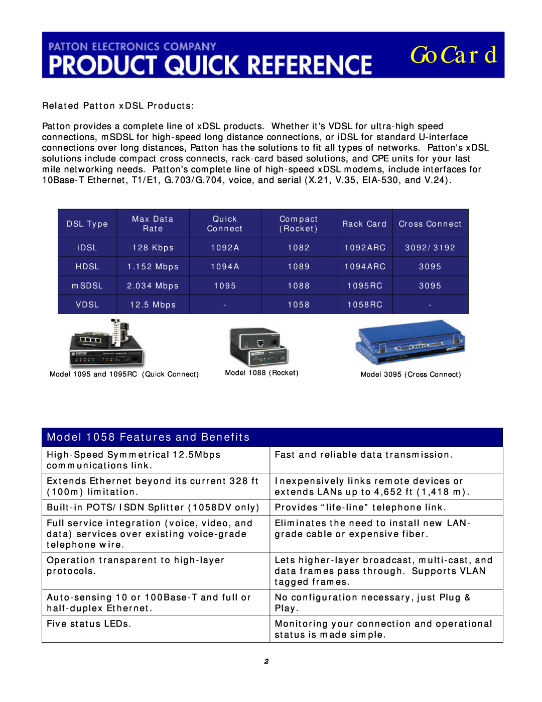 Patton electronic 1058DVRC manual Model 1058 Features and Benefits, GoCard 