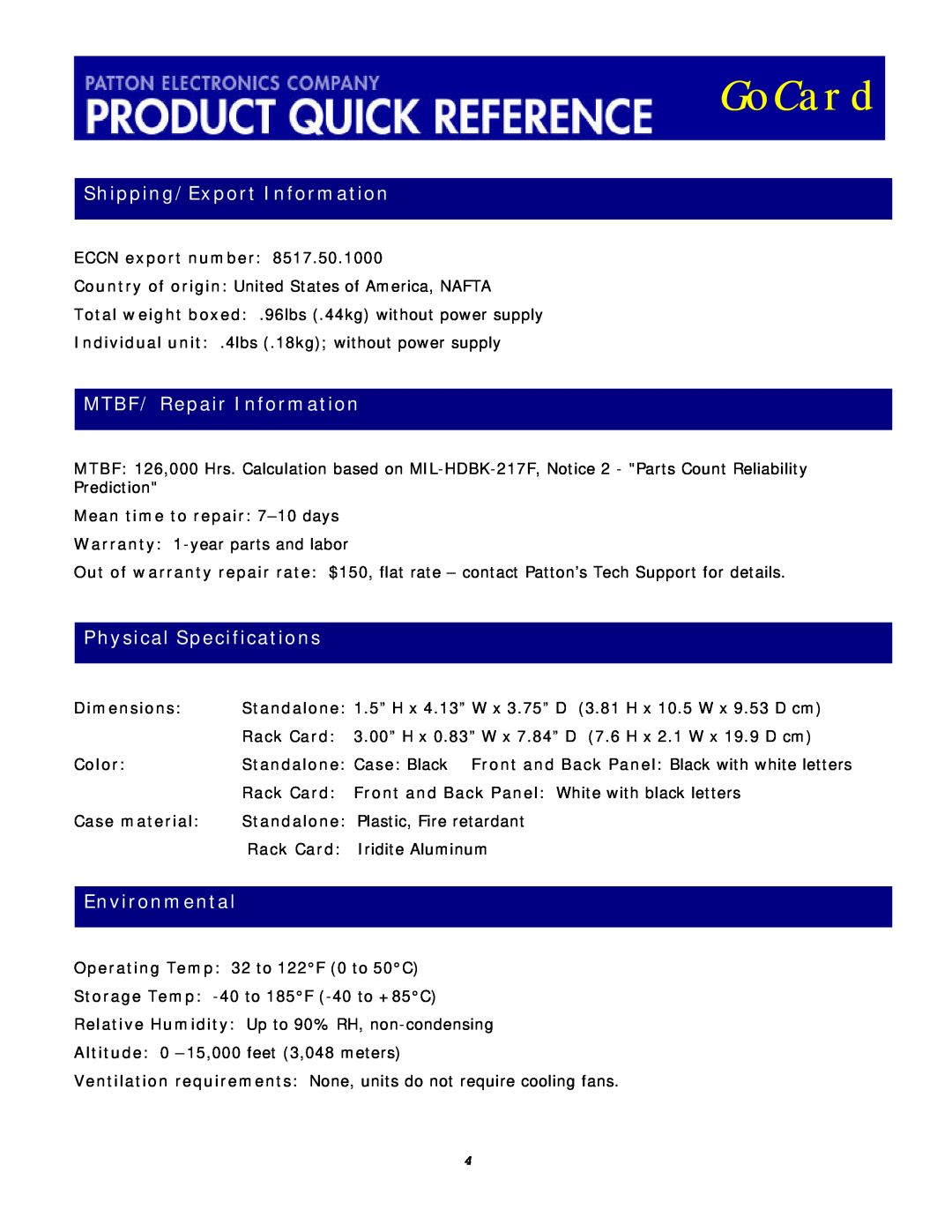 Patton electronic 1058DV Shipping/Export Information, MTBF/ Repair Information, Physical Specifications, Environmental 