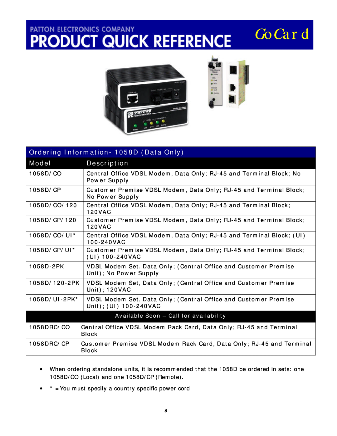 Patton electronic 1058DVRC manual Ordering Information- 1058D Data Only, Model, GoCard, Description 