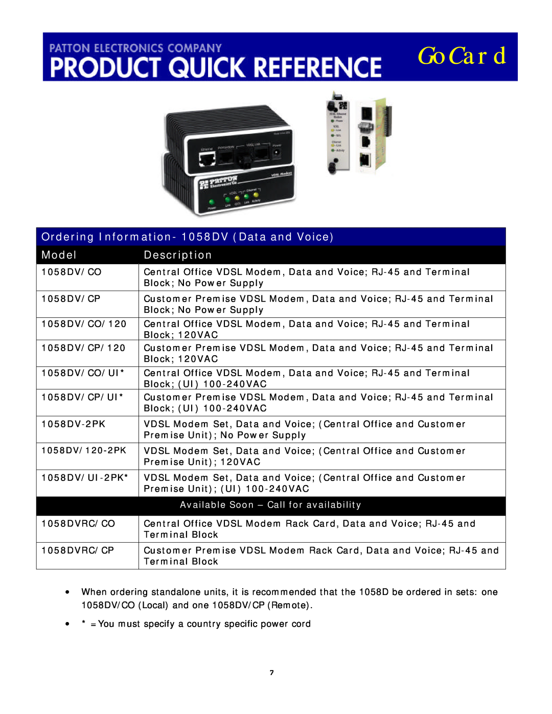 Patton electronic 1058DVRC manual Ordering Information- 1058DV Data and Voice, GoCard, Model, Description 