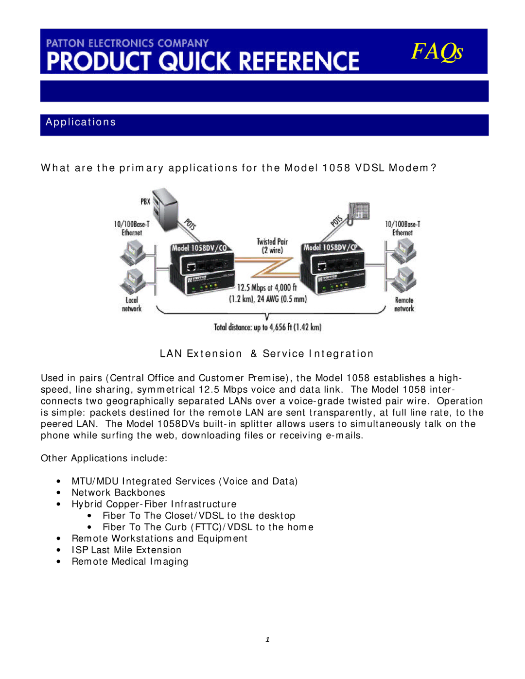 Patton electronic 1058DVs manual FAQs, Applications 