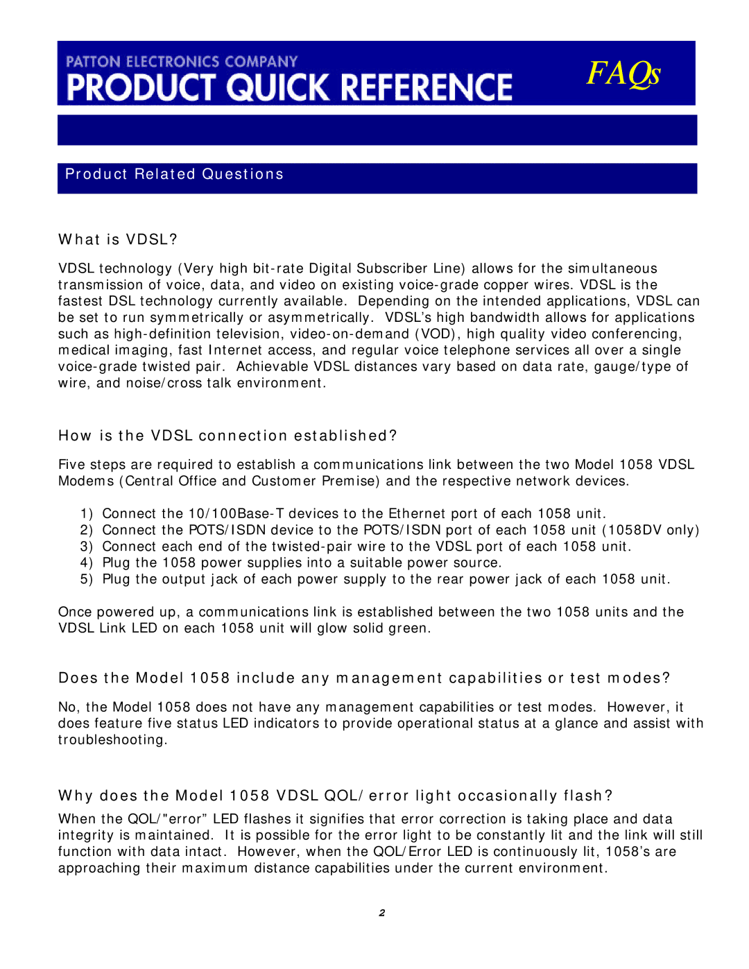 Patton electronic 1058DVs manual Product Related Questions, What is VDSL?, How is the Vdsl connection established? 