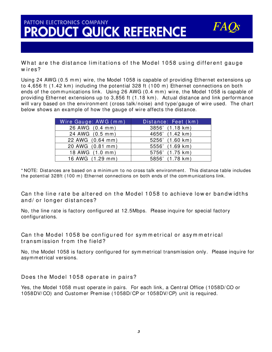 Patton electronic 1058DVs manual Does the Model 1058 operate in pairs?, Wire Gauge AWG mm Distance Feet km 