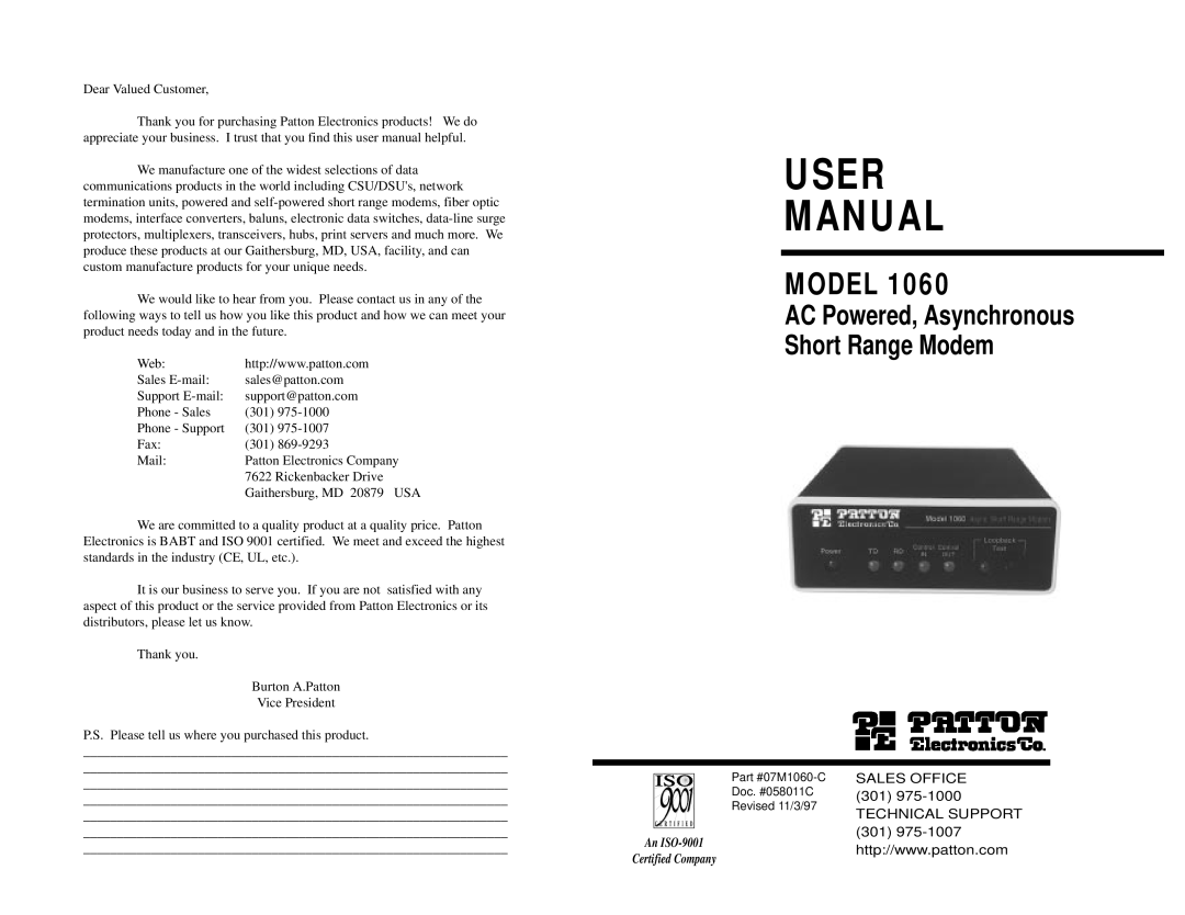 Patton electronic 1060 AC Powered user manual User Manual 