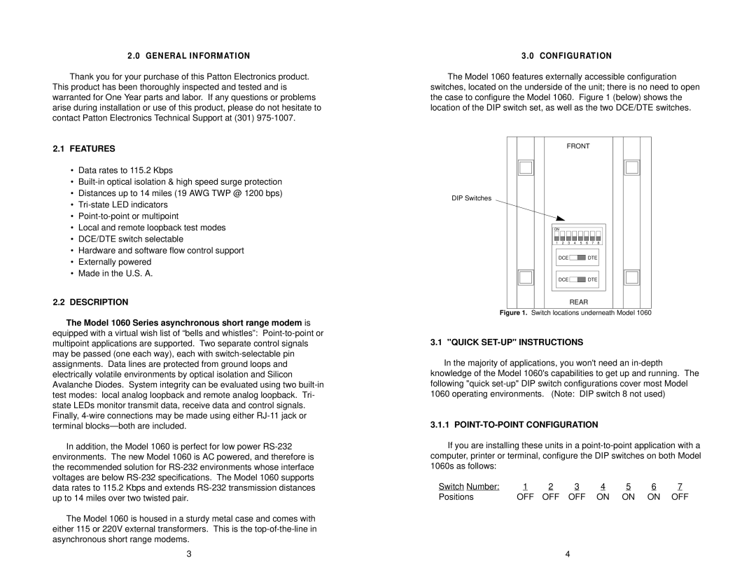 Patton electronic 1060 AC Powered Features, Description, Quick SET-UP Instructions, POINT-TO-POINT Configuration 