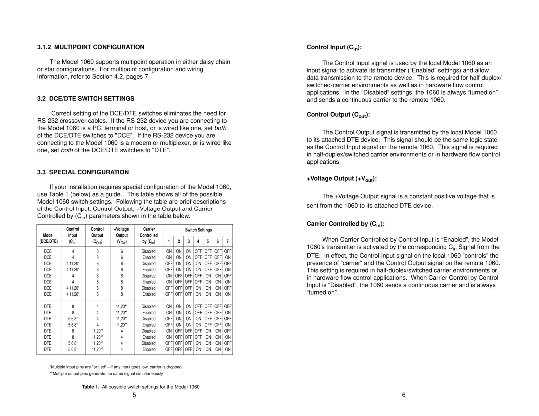 Patton electronic 1060 AC Powered user manual Multipoint Configuration, DCE/DTE Switch Settings, Special Configuration 