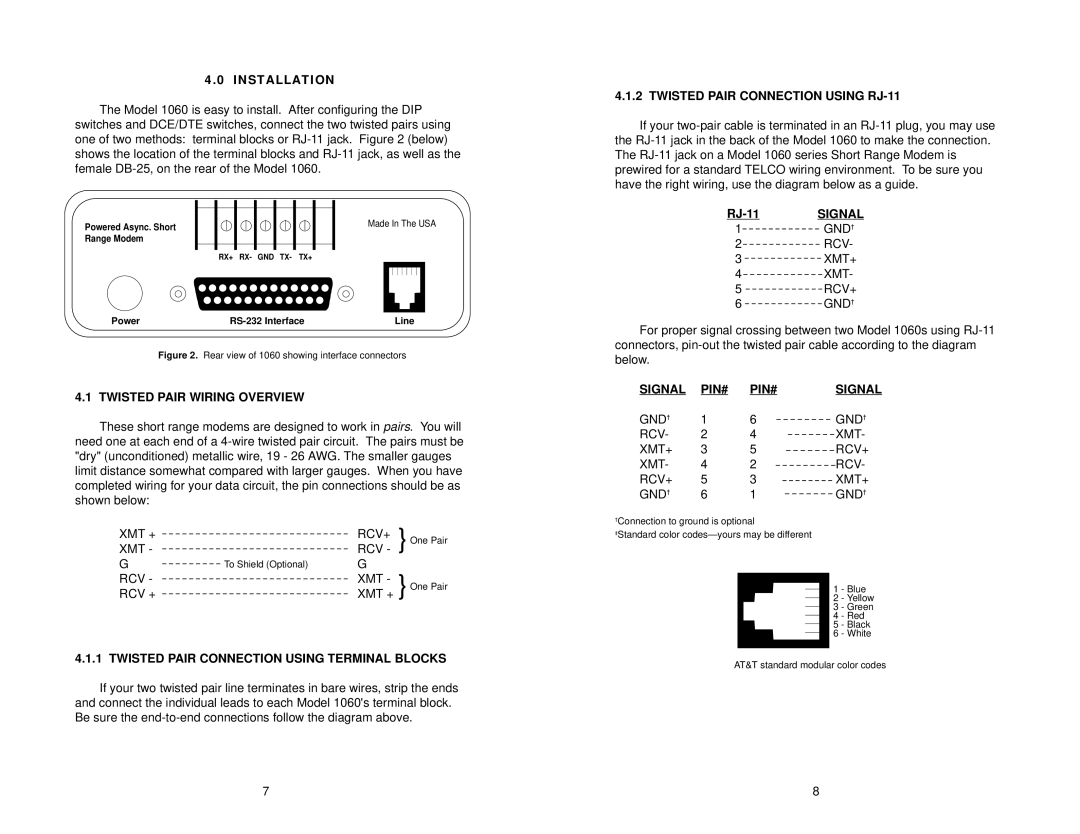 Patton electronic 1060 Installation, Twisted Pair Wiring Overview, Twisted Pair Connection Using Terminal Blocks 