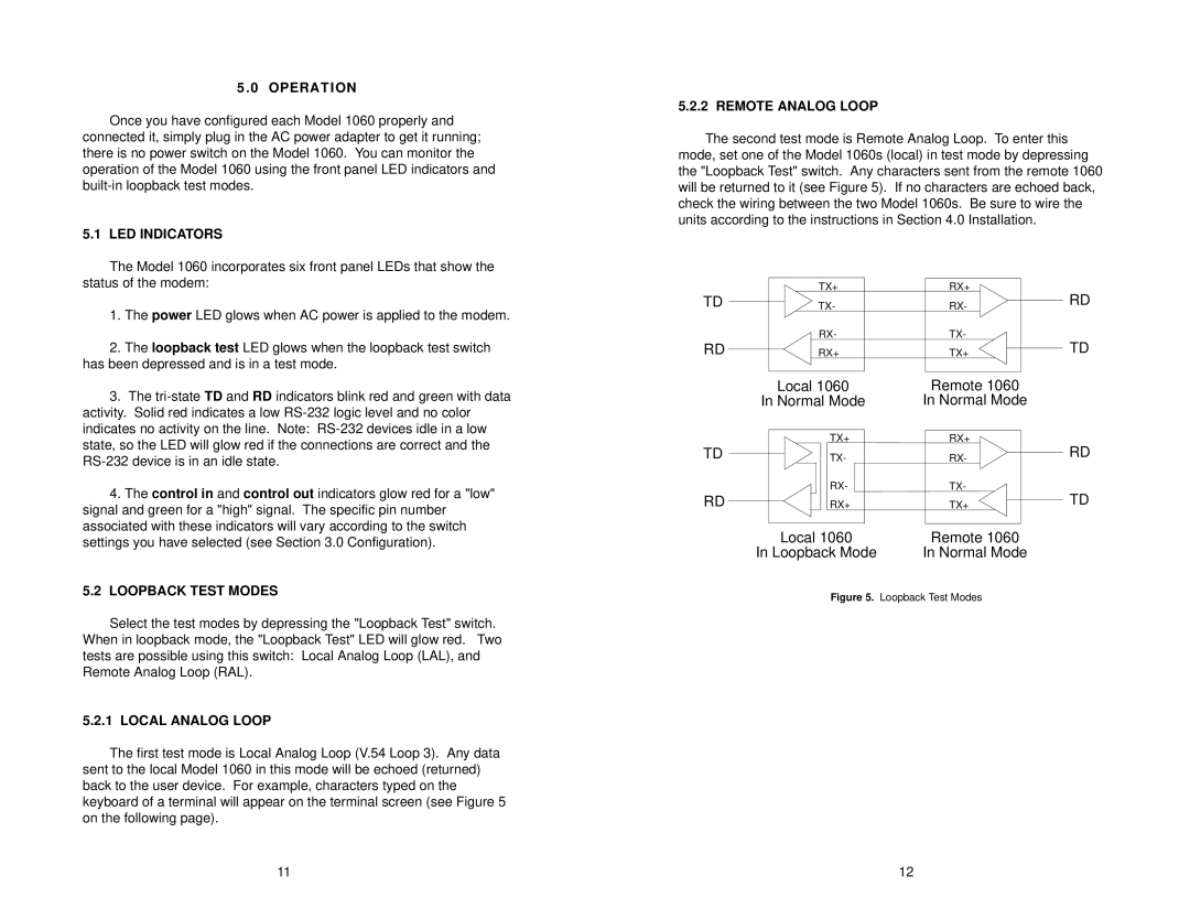 Patton electronic 1060 user manual Operation, LED Indicators, Loopback Test Modes, Local Analog Loop, Remote Analog Loop 