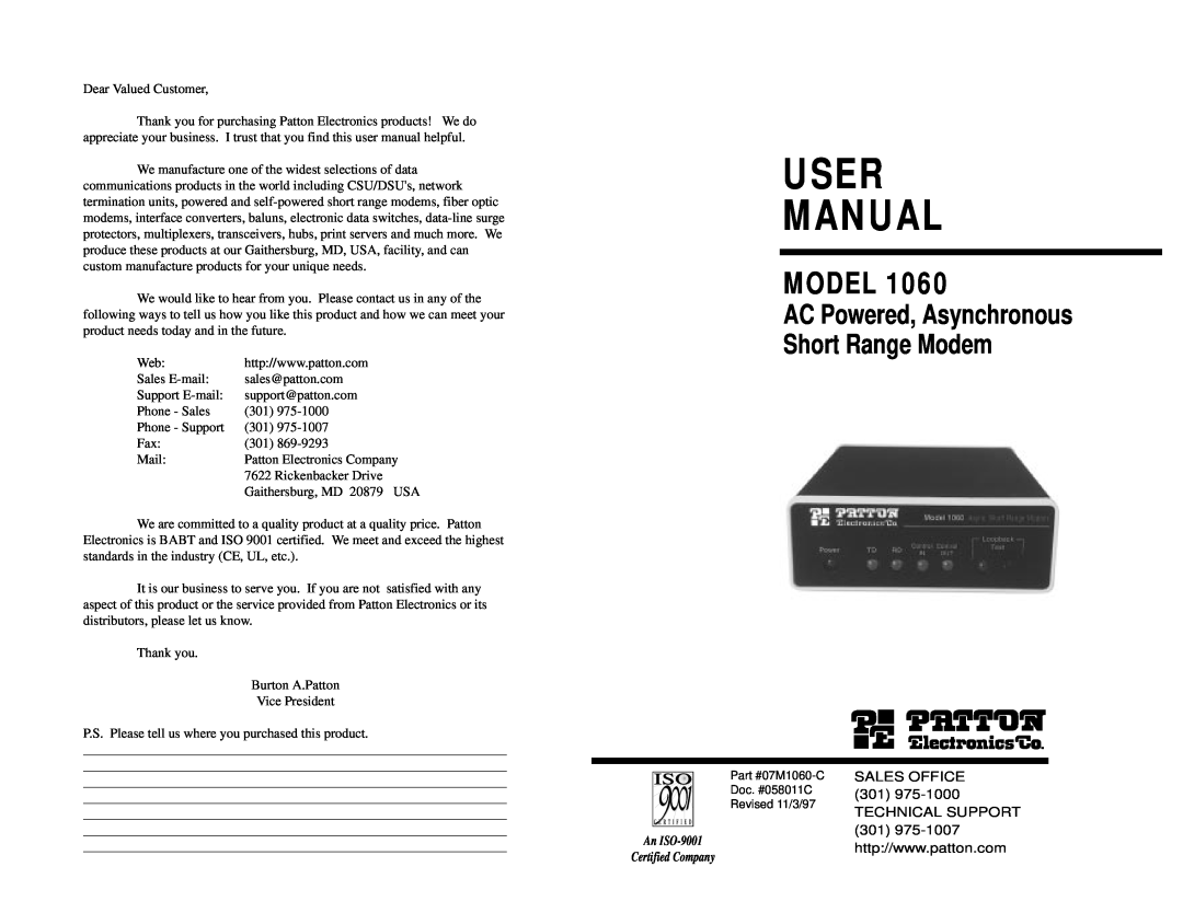 Patton electronic 1060 AC Powered user manual User Manual, Model, AC Powered, Asynchronous Short Range Modem 